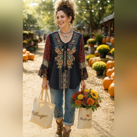 Calessa Tops - Boho 3XL Gypsy Art Embroidered Bell Tunic Top